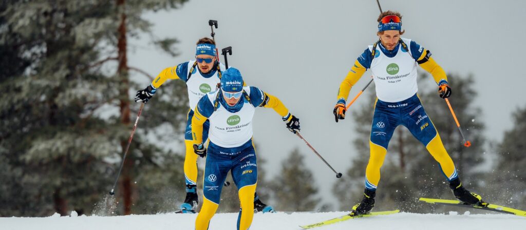 Three cross-country skiers in yellow and blue uniforms race uphill through snowy terrain, wearing bibs and headbands, with trees visible in the background.