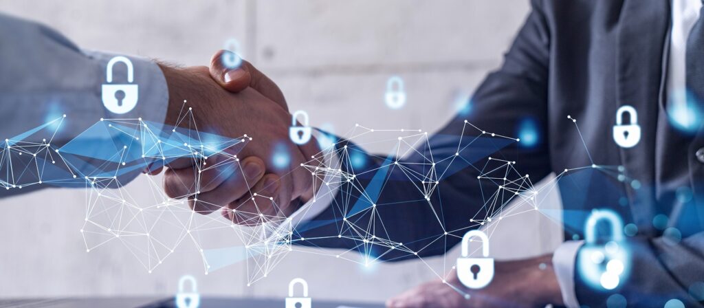 Two people in business suits shake hands, with digital padlock icons and a network of connected lines overlaid, symbolizing cybersecurity, secure partnership, or data protection.
