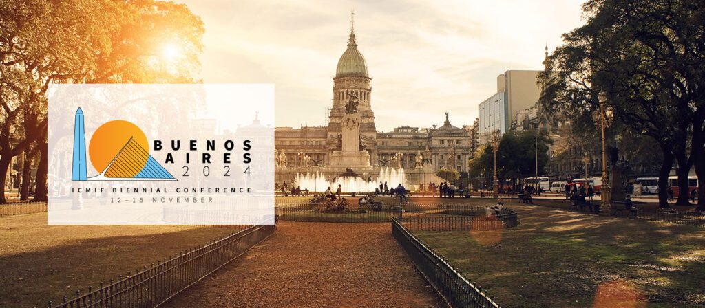 View of the National Congress building in Buenos Aires at sunset, with trees and people in a park. Overlaid is a graphic for the ICMIF Biennial Conference 2024, showing dates and an abstract logo.
