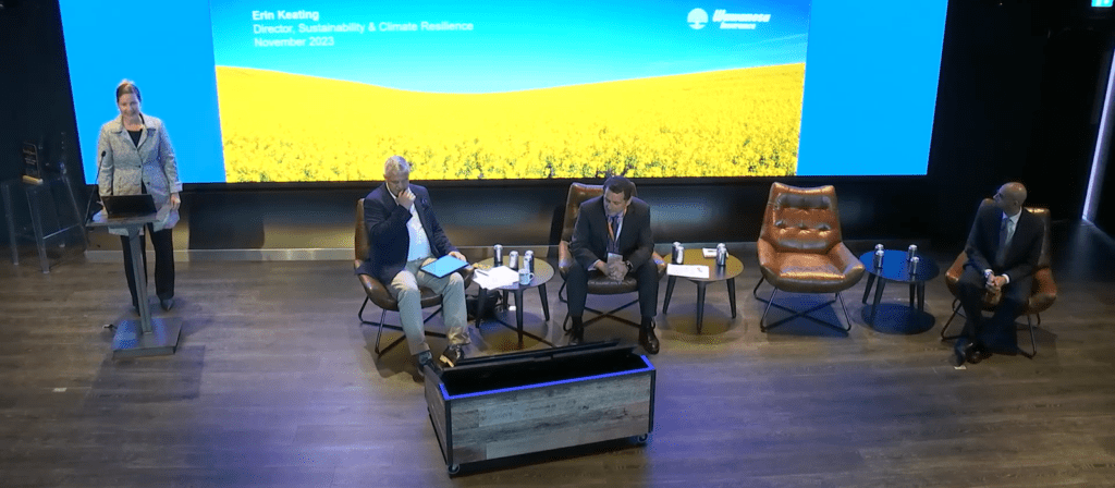 Four people are on stage at a panel discussion. One woman stands at a podium on the left, while three men sit in chairs facing the audience. A large screen behind them displays a yellow field and presentation details.