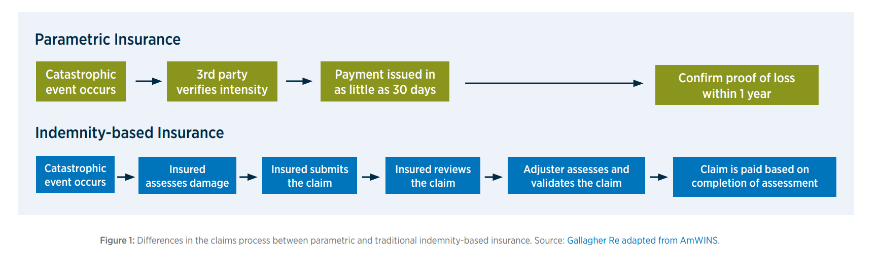 A flowchart compares parametric and indemnity-based insurance claim processes, highlighting steps from a catastrophic event to claim payment and emphasizing differences in verification and payment timelines.