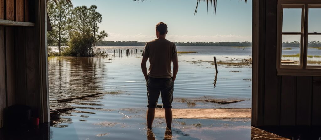 A man stands in a flooded wooden building, looking out at waterlogged land and distant trees under a clear sky. Sunlight reflects off the water covering the floor and surrounding area.