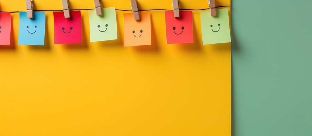 Colorful sticky notes with smiling faces are hung with wooden clothespins on a string against a yellow and green background. The notes are arranged in a row and each one features a simple smiley face.