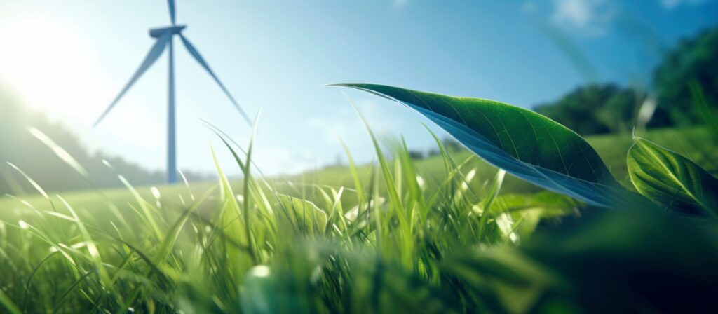 Close-up of green grass and leaves in sunlight, with a wind turbine blurred in the background against a blue sky, symbolizing clean energy and environmental sustainability.