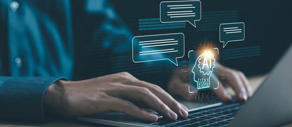 A person types on a laptop with illustrated chat bubbles and a glowing AI brain icon, symbolizing artificial intelligence and digital communication.