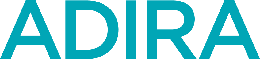 The image displays the word ADIRA in large, bold, turquoise capital letters on a light gray background.