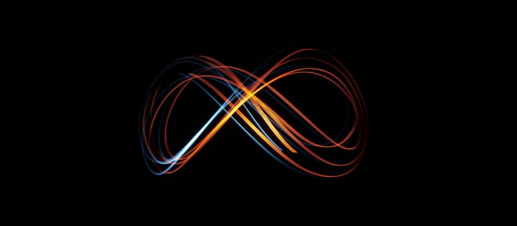 Colorful light trails in blue and orange form a glowing infinity symbol on a black background.