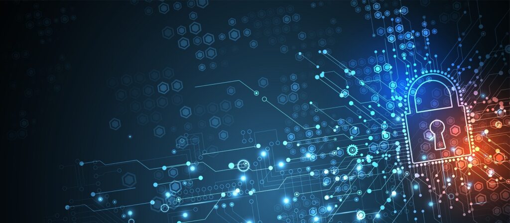 A glowing digital padlock surrounded by abstract blue circuitry and hexagonal patterns, symbolizing cybersecurity and data protection on a dark background.