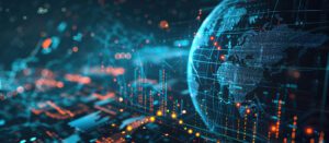 A digital rendering of Earth with data points, glowing lines, and graphs overlayed, representing global networks and technology. The image features a blue-toned, futuristic style, highlighting connections and data flow.