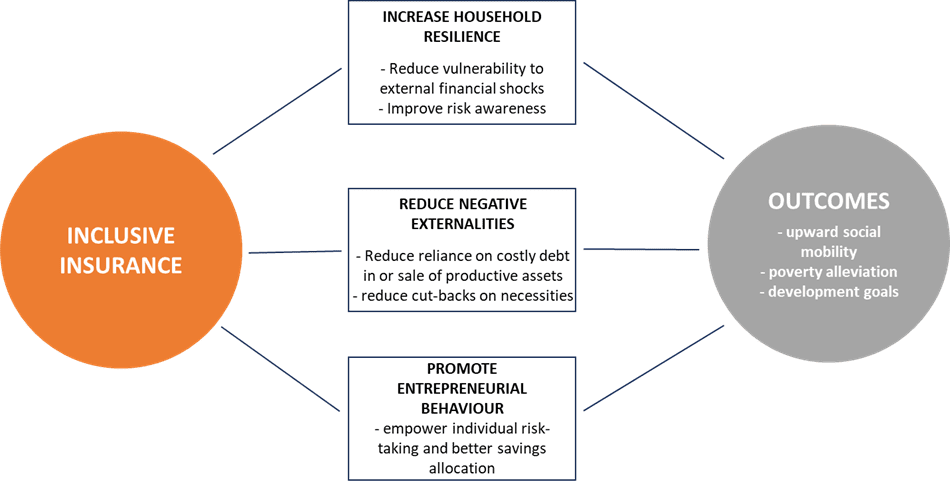 Flowchart showing Inclusive Insurance leading to three boxes: increasing household resilience, reducing negative externalities, and promoting entrepreneurial behavior, which all lead to outcomes like social mobility, poverty alleviation, and development.
