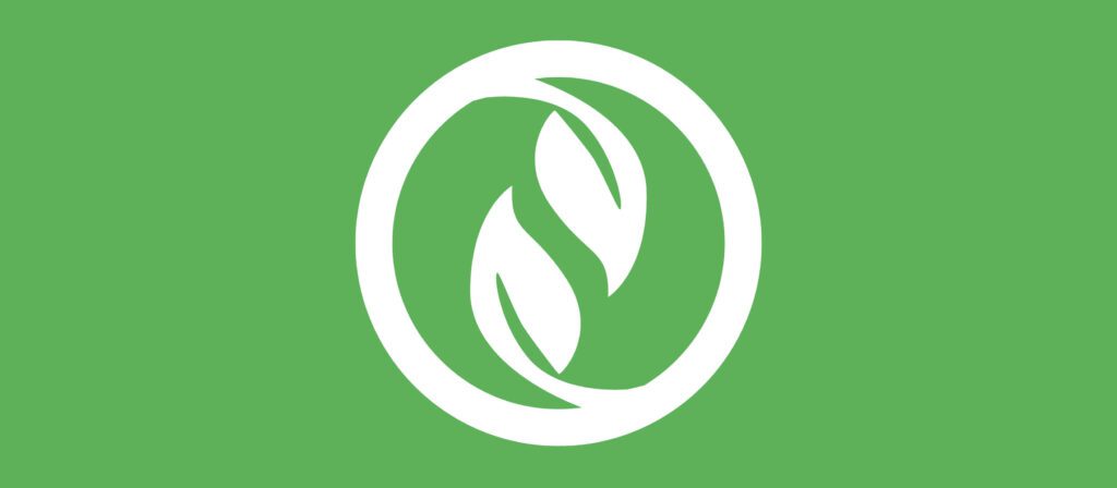 A white circle enclosing two stylized white leaves forming an S shape on a green background.