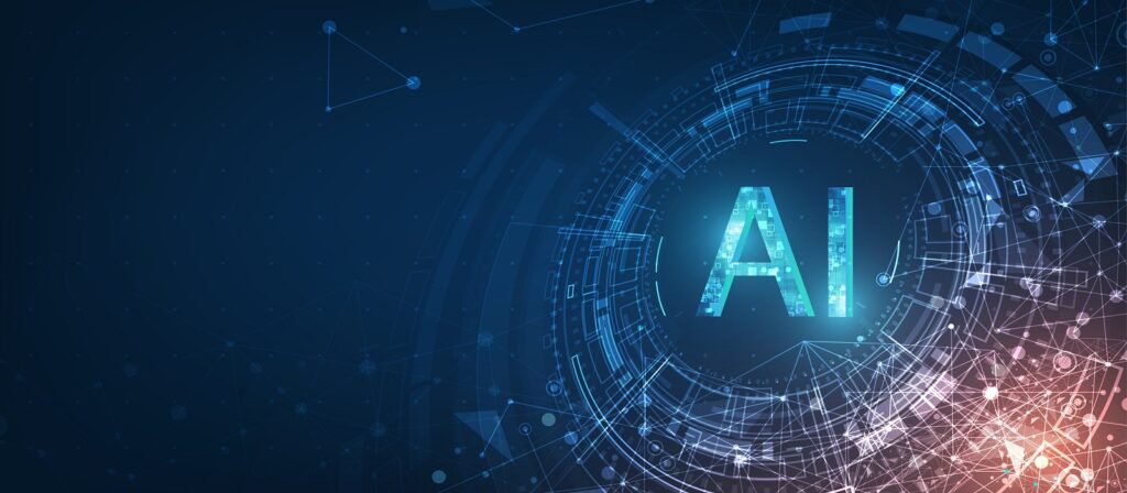 Futuristic digital illustration with the letters AI in the center, surrounded by glowing blue technology-inspired graphics, circuits, and abstract lines on a dark background.