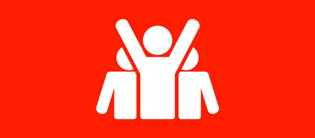 A white icon of three people on a red background, with the center figure raising both arms while the two on either side stand with their arms down.