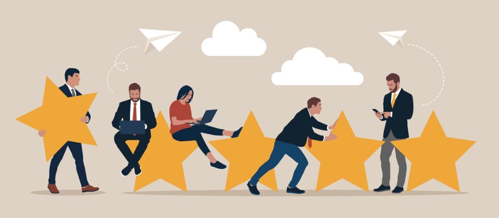Illustration of five business people interacting with large gold stars; some sit on stars using laptops, others stand or move stars. Paper planes and clouds are in the background, symbolizing teamwork and achievement.
