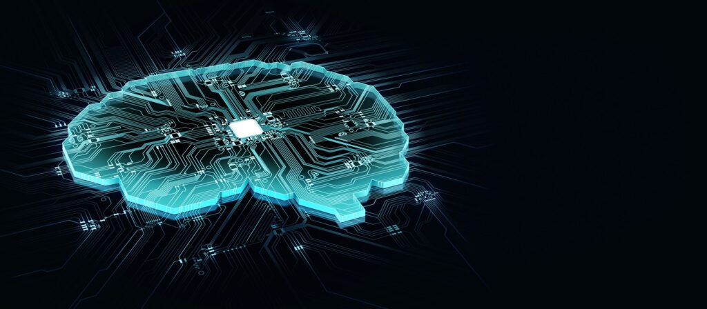 A glowing blue brain-shaped circuit board with electronic pathways and a central white microchip on a dark background, symbolizing artificial intelligence and technology.
