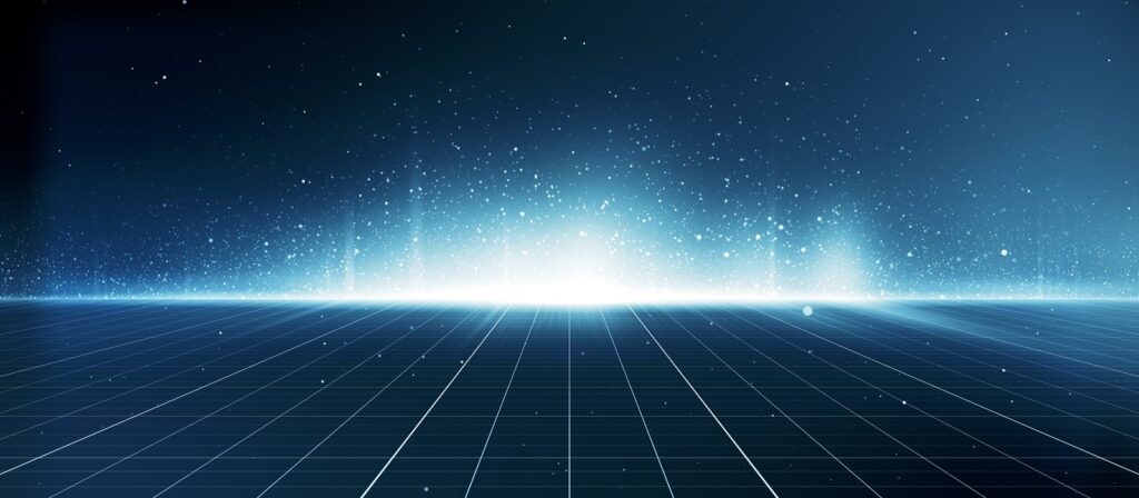 A glowing horizon with blue light shines above a dark grid floor, creating a futuristic digital landscape filled with shimmering stars and particles in the sky.