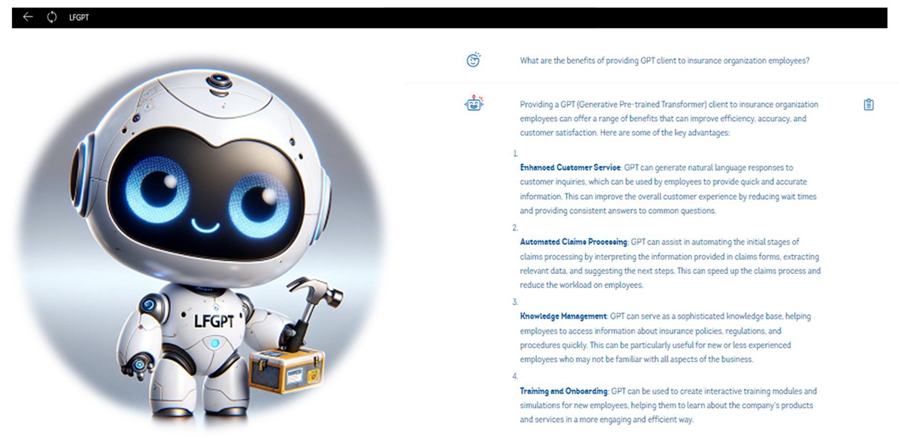 A cute robot with LFGPT on its chest holds a small toolbox, standing beside text outlining the benefits of providing a GPT client to insurance organization employees, such as improved service, claims processing, and training.