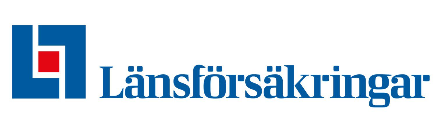 Länsförsäkringar logo featuring a blue geometric design with a red square and the company name in blue Swedish text on a white background.
