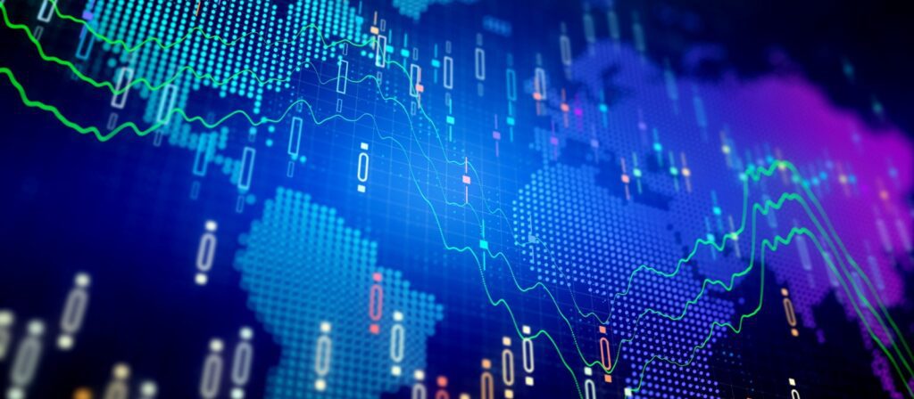 A digital illustration of a world map overlaid with colorful financial graphs, data points, and charts, representing global financial markets and digital data analysis.