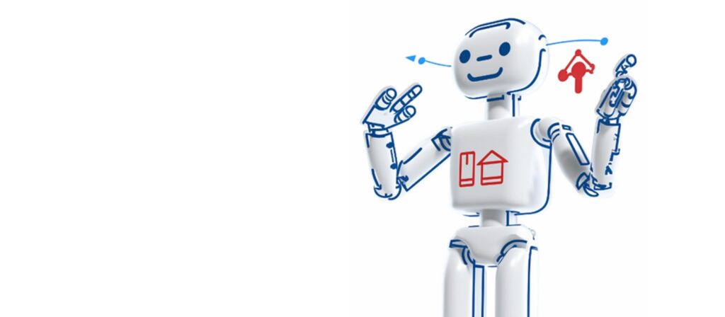 A white humanoid robot with a smiling face and blue outlines gestures with its hands. Red icons, including a house, are displayed on its chest, with an arrow and bell symbol near its head. The background is white.