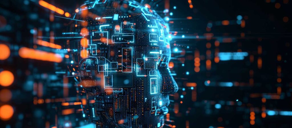 A digital rendering of a human head composed of glowing blue and orange circuit-like patterns, symbolizing artificial intelligence and advanced technology in a futuristic setting.