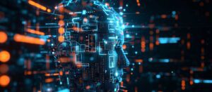 A digital rendering of a human head composed of glowing blue and orange circuit-like patterns, symbolizing artificial intelligence and advanced technology in a futuristic setting.
