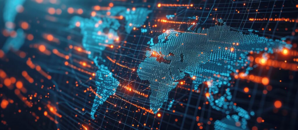 A digital world map with illuminated blue continents and orange data points, lines, and grids, representing global connectivity and data exchange on a dark background.