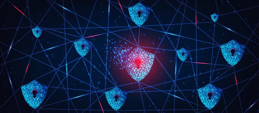 A digital illustration of blue shield icons with keyholes connected by lines on a dark background; one shield in the center appears pixelated and glows red, symbolizing a cybersecurity breach or vulnerability.