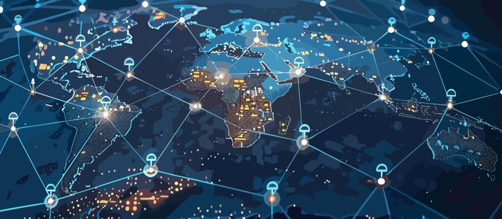 A digital illustration of a world map shows interconnected lines and nodes, representing global data networks. Padlock icons along the connections emphasize cybersecurity and information protection across continents.
