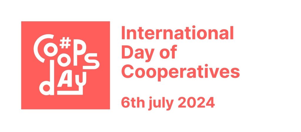 Red and white graphic with the words International Day of Cooperatives and 6th July 2024. The left side features #CoopsDay in a stylized, geometric font inside a red square.