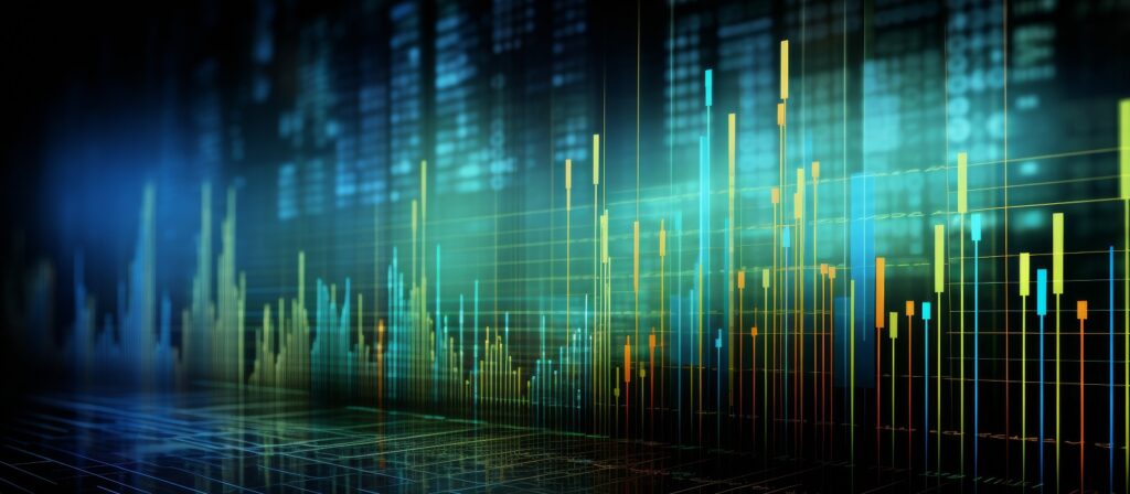 Colorful digital graph with vertical bars and lines against a dark background, representing financial data or stock market activity, with numbers and grids faintly visible in the background.