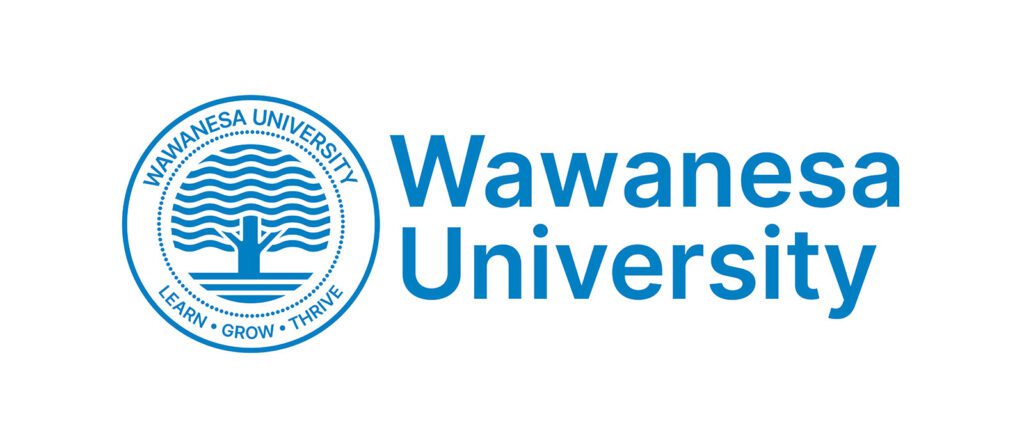 Wawanesa University logo featuring a circular emblem with a tree and wavy lines, surrounded by the words Wawanesa University and Learn • Grow • Thrive, alongside the university name in blue text.