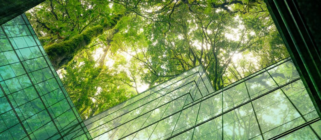 Glass building structures reflect and blend with tall, lush green trees and sunlight above, creating a harmonious connection between modern architecture and nature in an upward view.