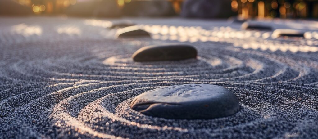 Smooth stones rest on finely raked sand with concentric circular patterns in a serene Japanese Zen garden, softly lit by natural light.