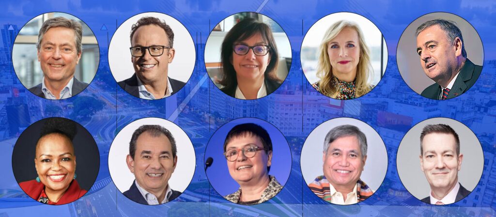 A collage of ten professionals, men and women of diverse backgrounds, each shown in a circular frame against a blue cityscape background.