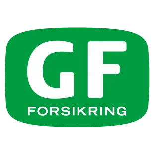 Logo with white letters GF above the word FORSIKRING on a solid green rounded rectangle background.
