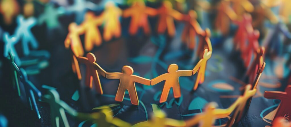 Colorful paper cutout figures holding hands form overlapping circles, symbolizing community, unity, and connection. The background is softly blurred, emphasizing the vibrant, interconnected human shapes in the foreground.