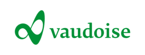 Green vaudoise logo with an abstract, oval-shaped symbol on the left and the word vaudoise in lowercase green letters on the right, all on a light gray background.