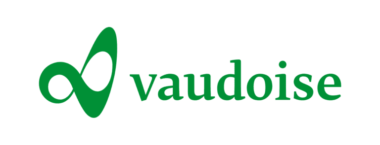 Green vaudoise logo with an abstract, oval-shaped symbol on the left and the word vaudoise in lowercase green letters on the right, all on a light gray background.