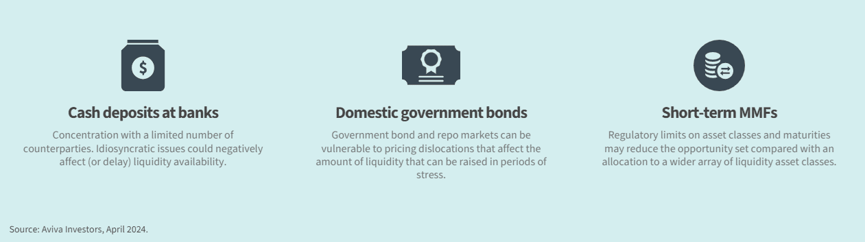 Three icons with headings: Cash deposits at banks, Domestic government bonds, and Short-term MMFs. Each has text beneath explaining liquidity risks and limitations for those investment types. Source: Aviva Investors, April 2014.