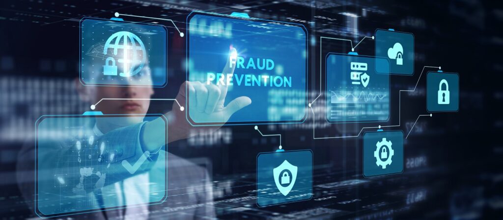 A person presses a virtual screen with the words Fraud Prevention, surrounded by digital security icons like locks, shields, gears, and a globe, symbolizing cybersecurity and data protection.