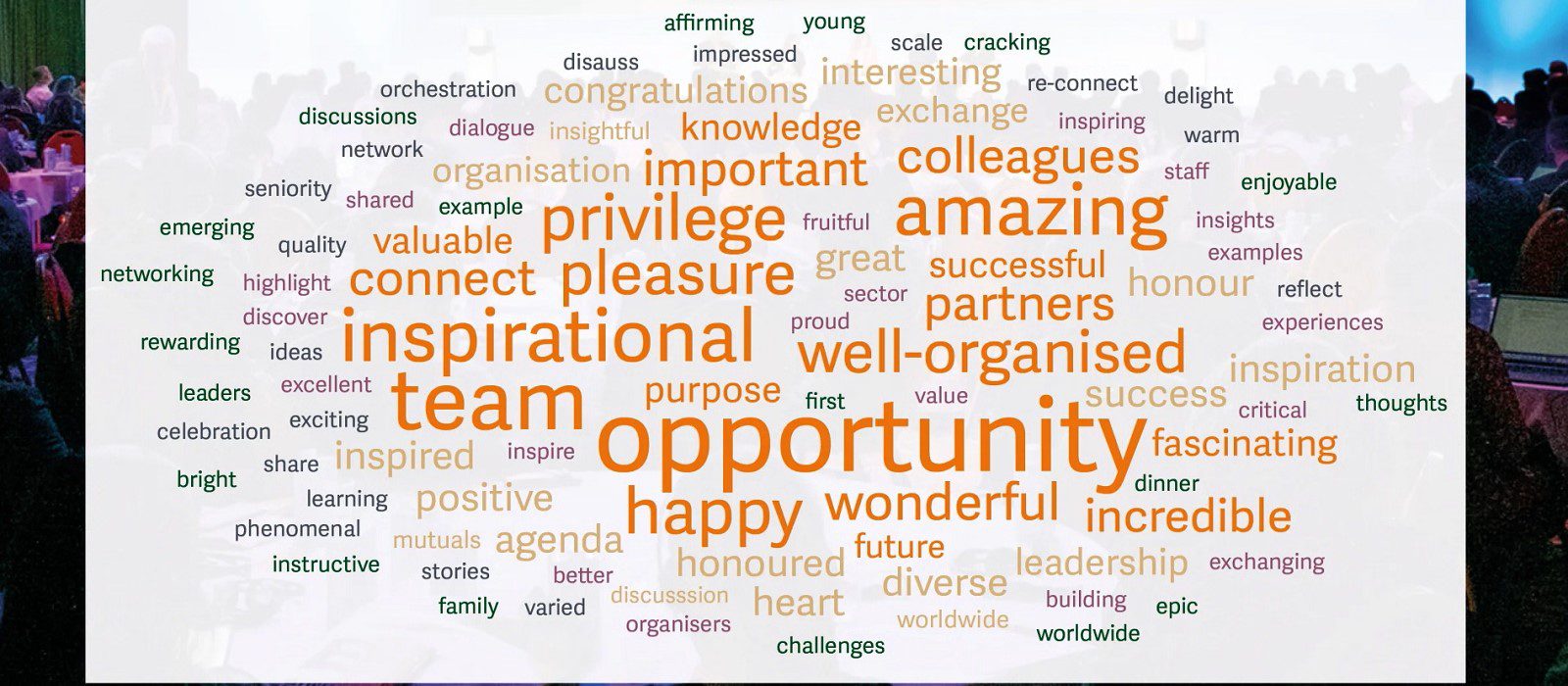 A word cloud over a blurred audience, featuring large words like opportunity, team, amazing, inspirational, and privilege, along with other positive terms describing professional events and experiences.