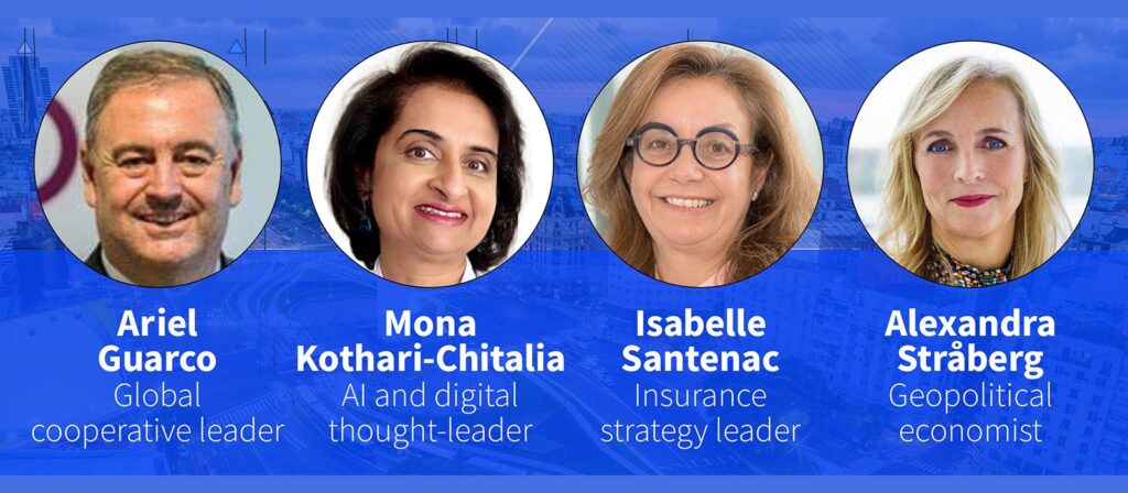 Four professionals are featured in circular portraits, each labeled with their name and title: Ariel Guarco (global cooperative leader), Mona Kothari-Chitalia (AI and digital thought-leader), Isabelle Santenac (insurance strategy leader), Alexandra Stråberg (geopolitical economist). A cityscape background is visible behind the blue overlay.