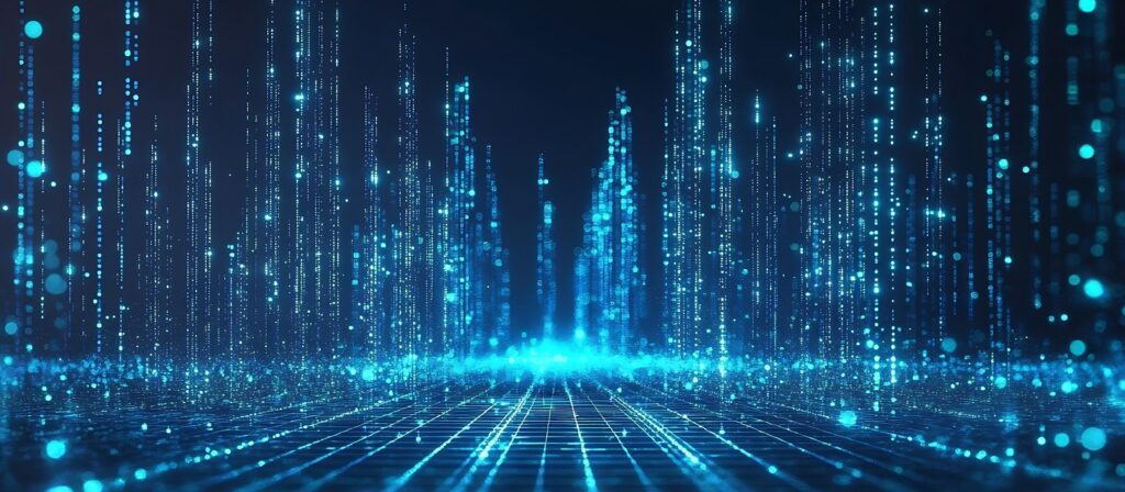 A digital landscape featuring glowing blue vertical lines and dots, resembling data streams or digital rain, on a grid-like surface with a dark background, evoking a futuristic, high-tech atmosphere.