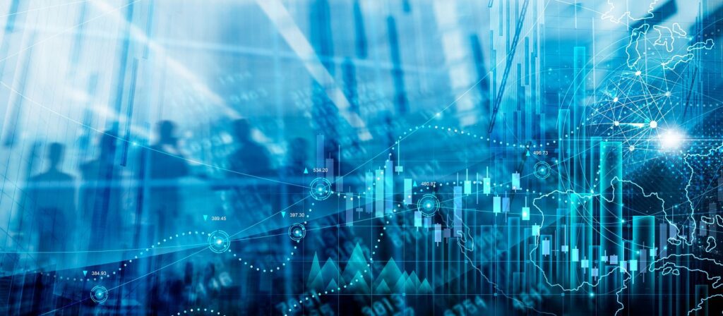 Abstract blue-toned image with financial graphs, bar charts, numbers, and data points overlaying silhouettes of people and a faint world map, symbolizing global business and stock market analysis.