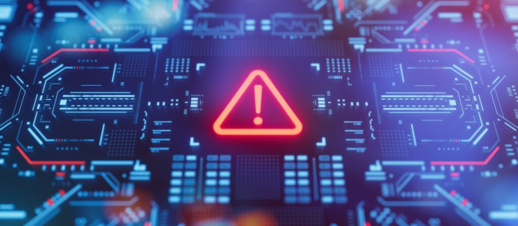 A glowing red warning triangle with an exclamation mark appears on a digital circuit board background, symbolizing a cyber or technology alert.