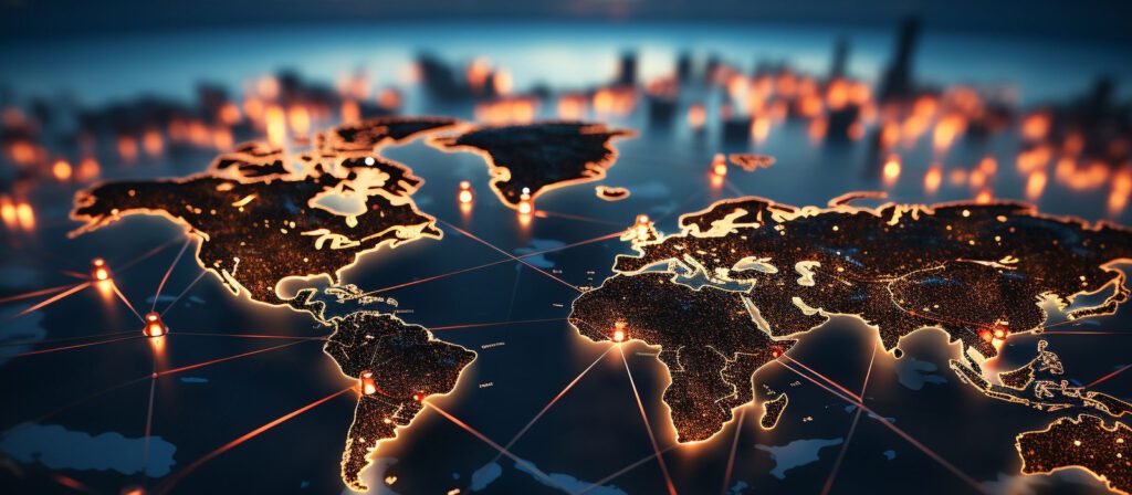 A glowing world map with illuminated lines and points connecting different locations, symbolizing global communication and network connections; a blurred cityscape is in the background.