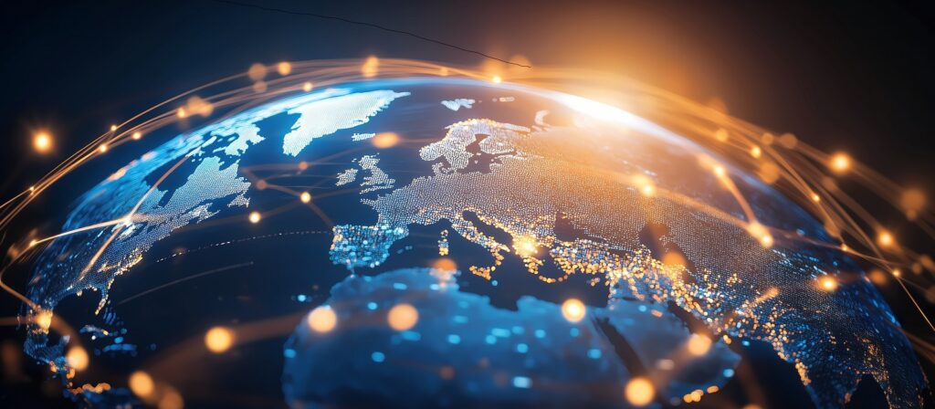 A digital rendering of Earth from space, focused on Europe, with glowing orange network lines and points connecting various locations, symbolizing global connectivity and communication, against a dark background with sunlight on the horizon.
