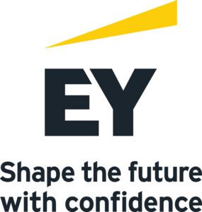 The EY logo with a yellow angled bar above the large black letters EY and the tagline below reading, Shape the future with confidence.