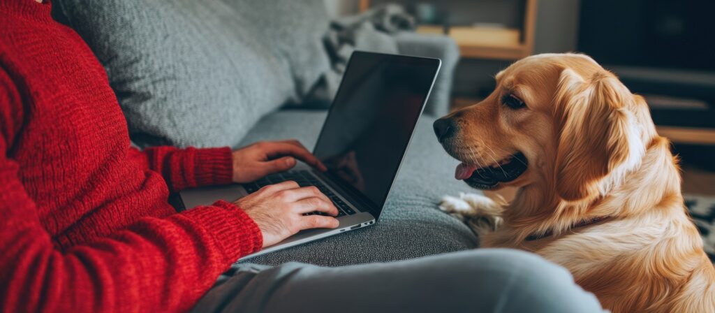 A person in a red sweater types on a laptop while sitting on a gray couch, with a golden retriever sitting beside them, looking at the person attentively.